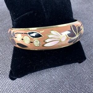 Vintage Gold Tone Hand Painted Enamel Floral Cuff Bangle Bracelet 2.5" Unsigned